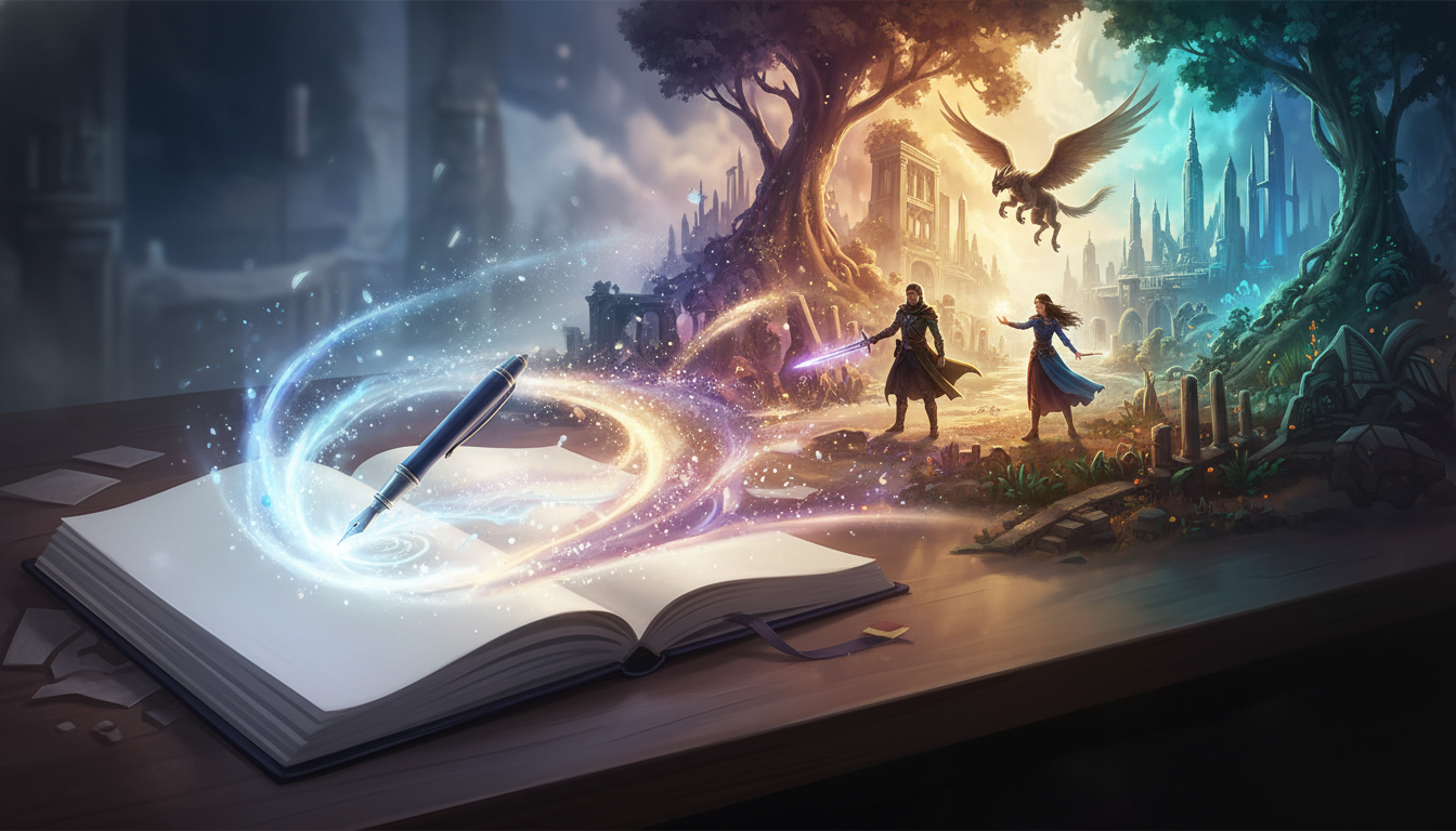 Editorial illustration of a story idea transforming from a desk into vivid characters and worlds.