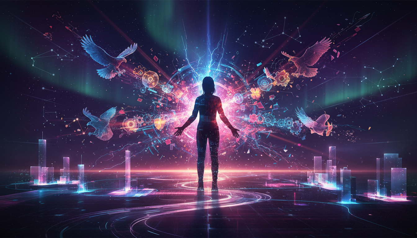 Editorial illustration showing cinematic video effects, motion, particles, and dramatic lighting.