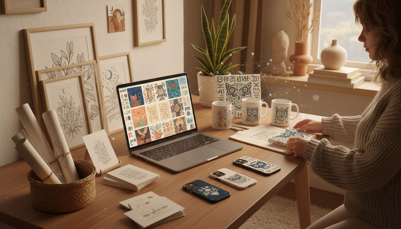 Editorial illustration of AI art packaged as curated prints and digital products for an online shop.