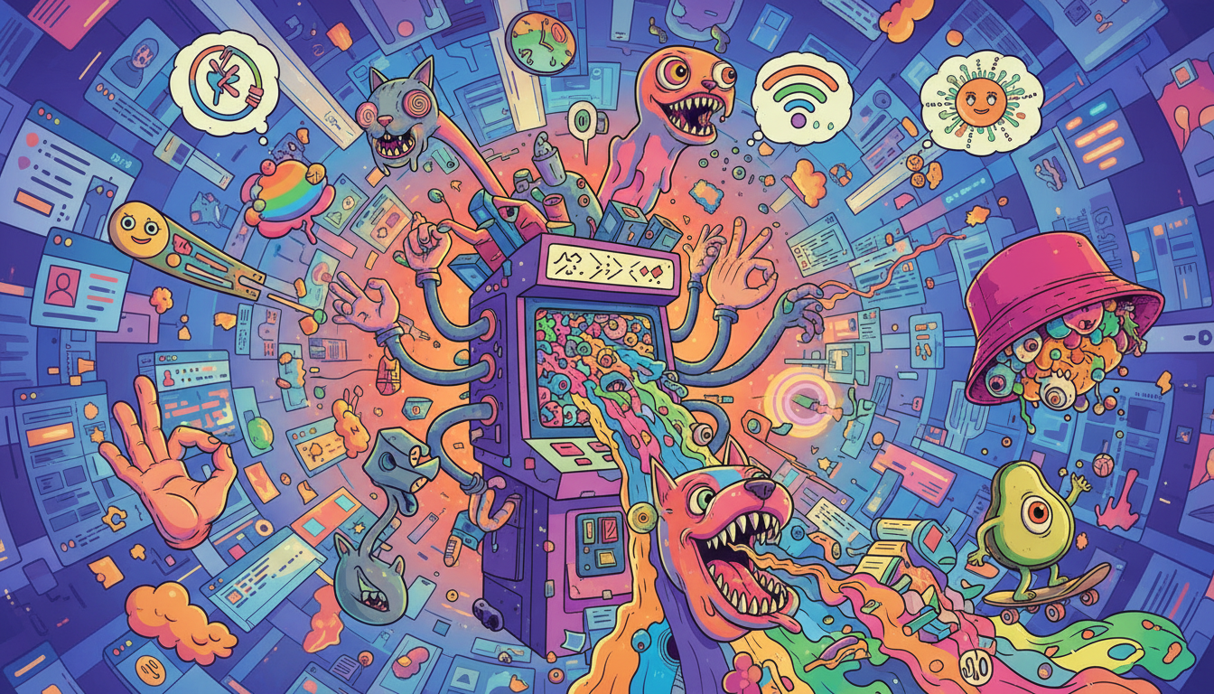 Editorial illustration of surreal, chaotic, meme-like characters and internet-native creative energy.