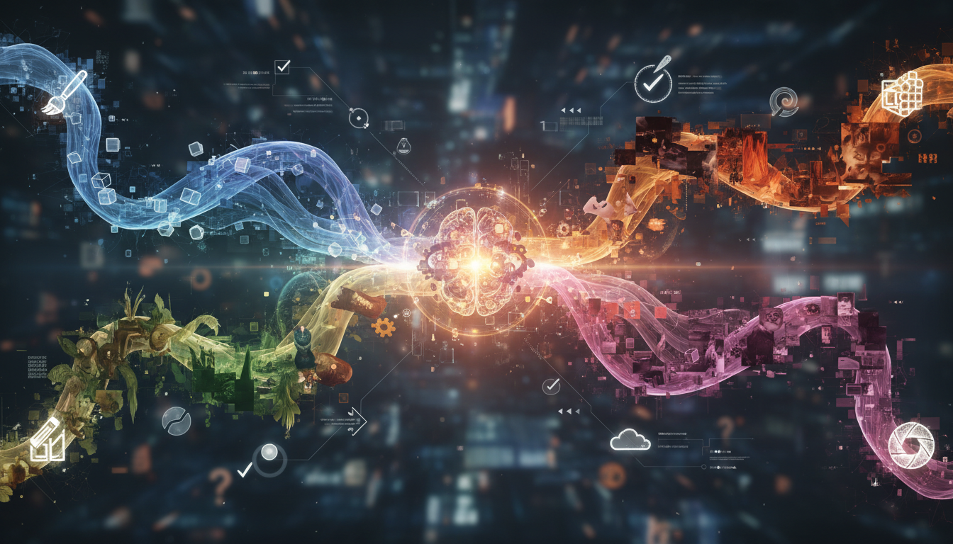 Editorial illustration of a creator exploring several distinct AI image generation paths and styles.