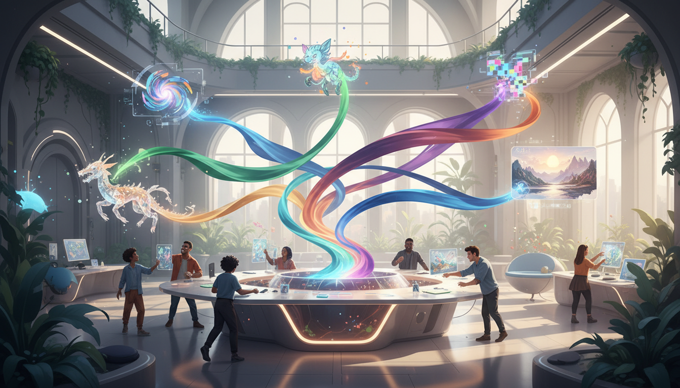 Editorial illustration of open, accessible creative tools enabling free experimentation and visual exploration.