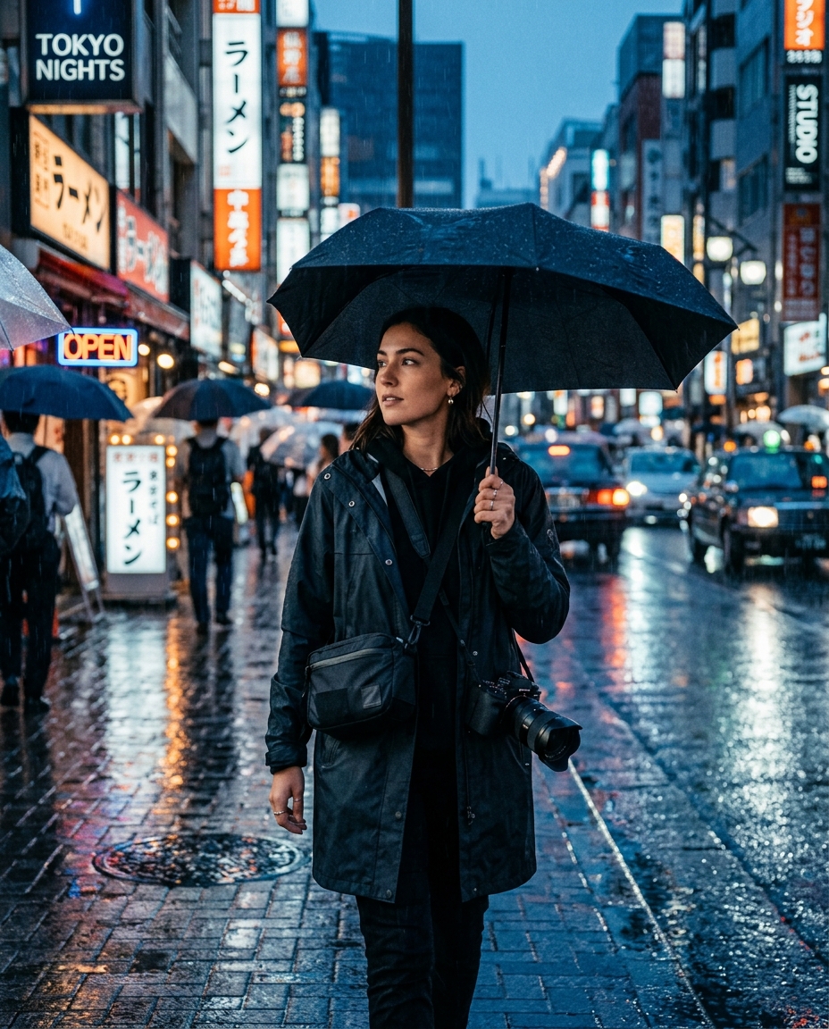Rainy city portrait concept