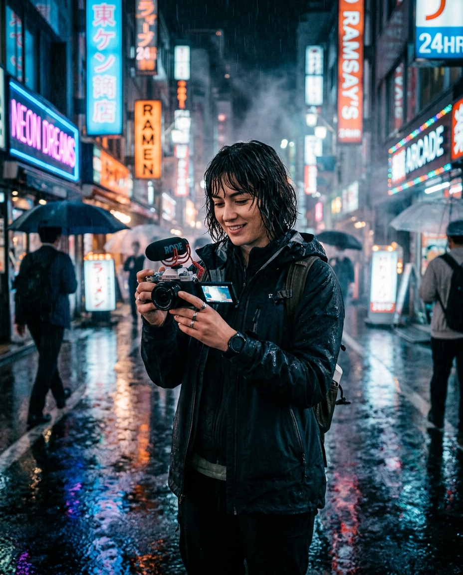 Neon rainy portrait concept