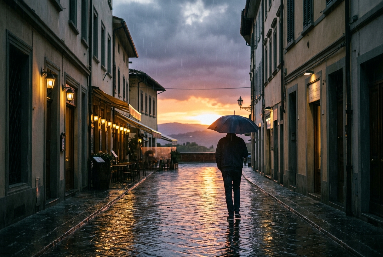 Travel memory rainy sunset scene