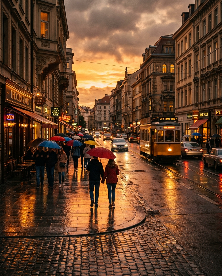 Cozy city rainy sunset scene