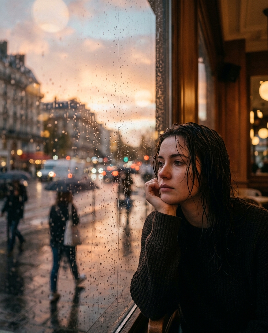 Soft melancholy rainy sunset portrait concept