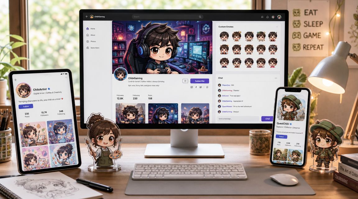 A modern workspace with devices showing creative chibi character profiles and digital art displays on various screens.