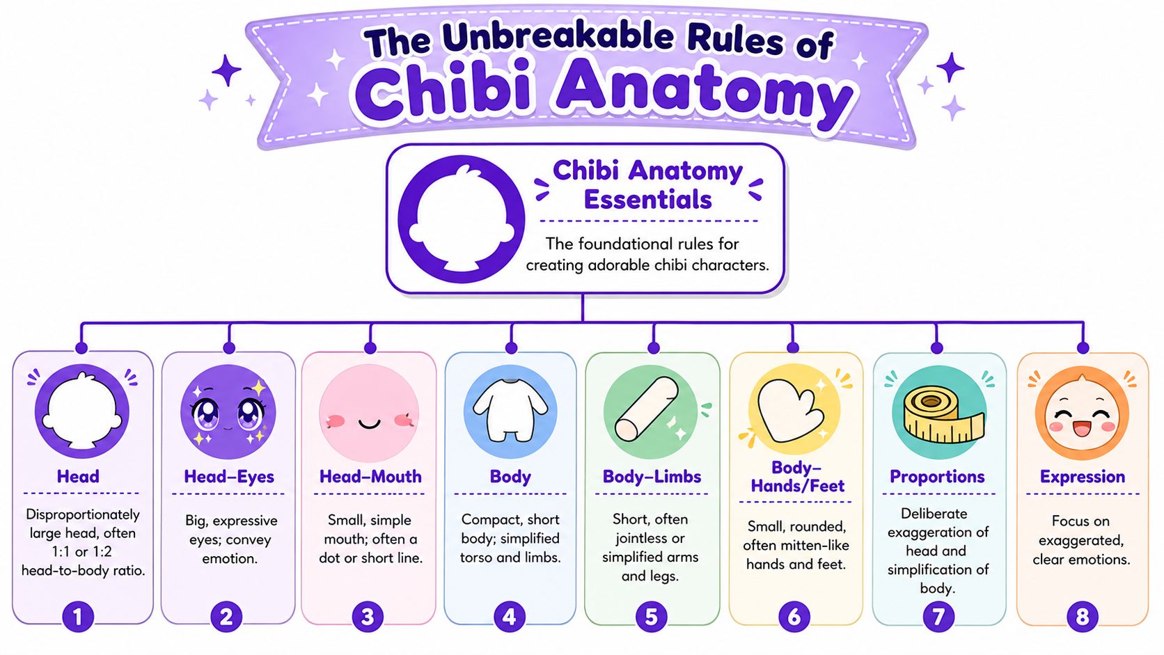 A colorful infographic guide illustrating the eight essential anatomical rules for drawing cute chibi-style characters.