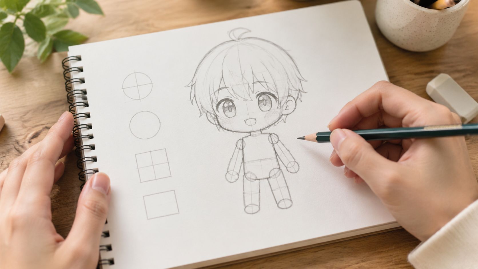 A pair of hands drawing a cute chibi character sketch in a notebook on a wooden desk.