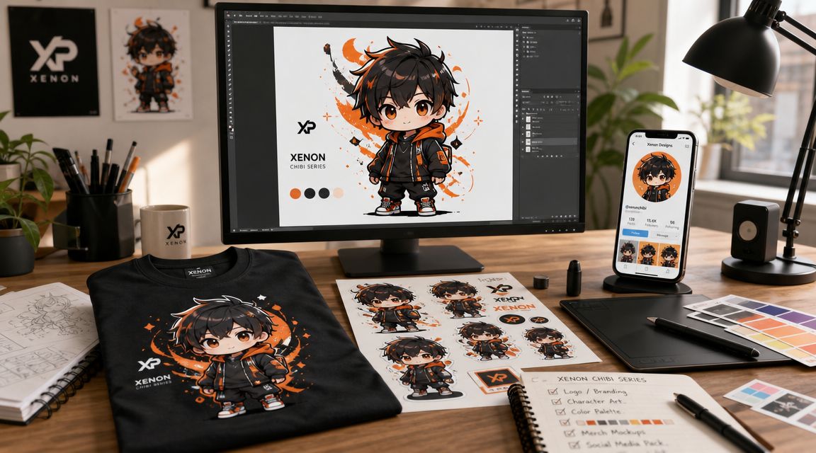 A creative workspace featuring a chibi character design on a computer screen, merchandise, and sticker sheets.