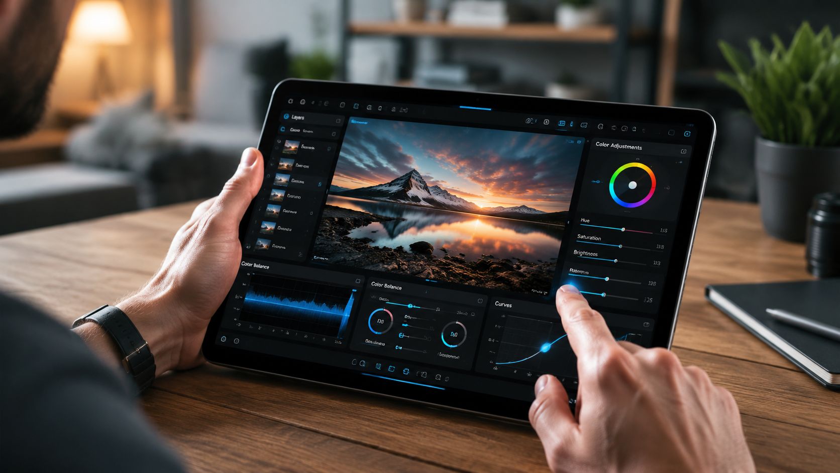A person using a futuristic AI photo editing application on a tablet to enhance an image.