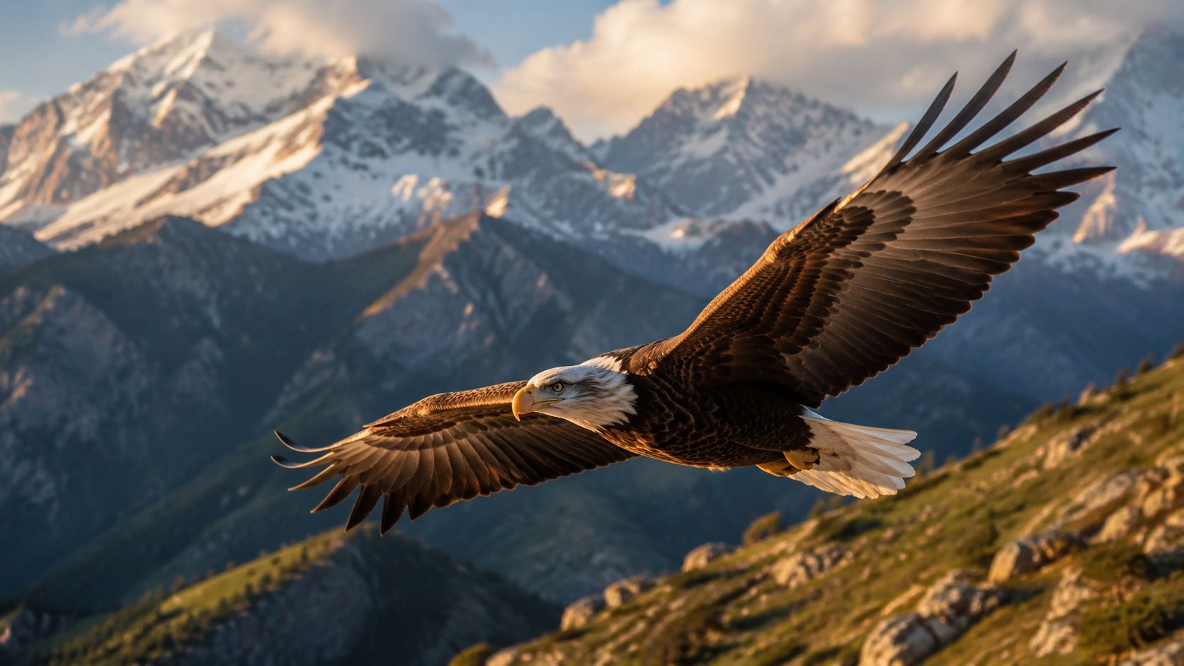 Hyperrealistic AI-generated image of a majestic eagle flying over mountains, created with starryai.