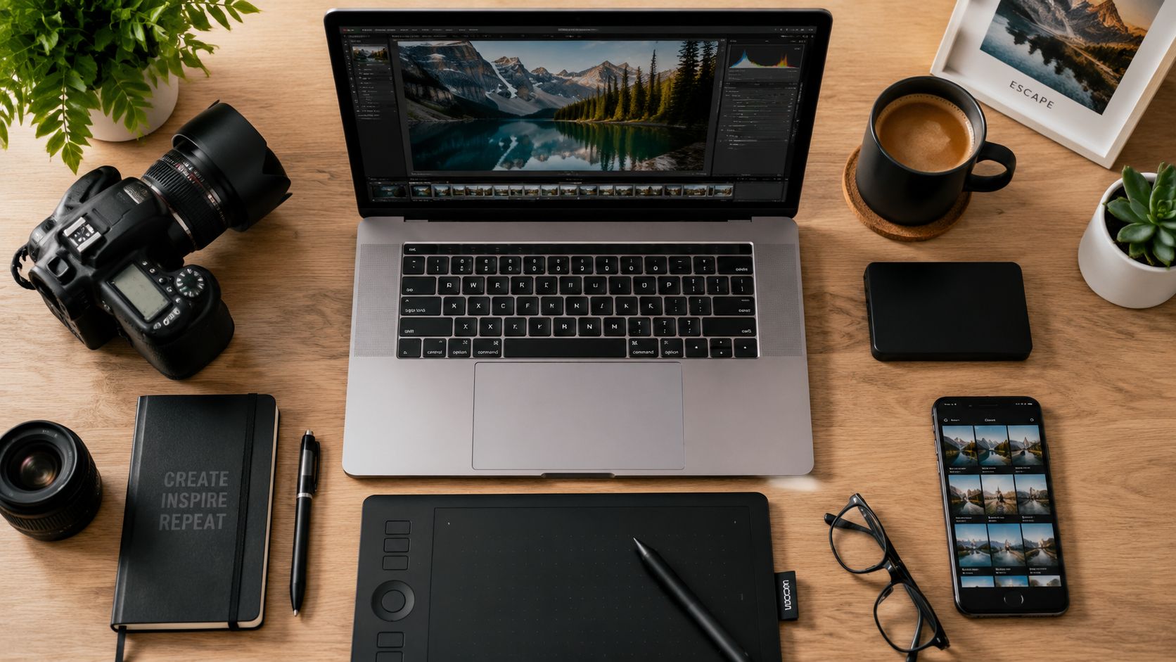 A flat lay of a photographer's desk with a camera, laptop, and tablet, representing a modern AI photo editing workflow.