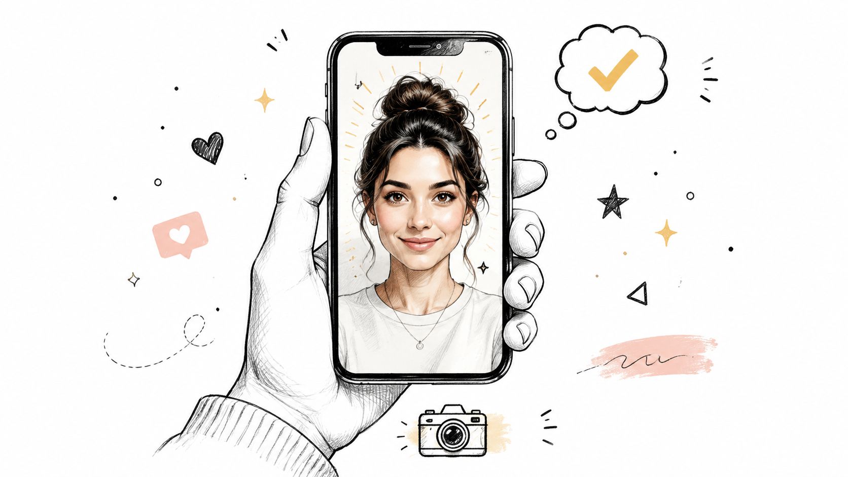 A hand holding a smartphone displaying an illustrated portrait of a young woman with a bun hairstyle.