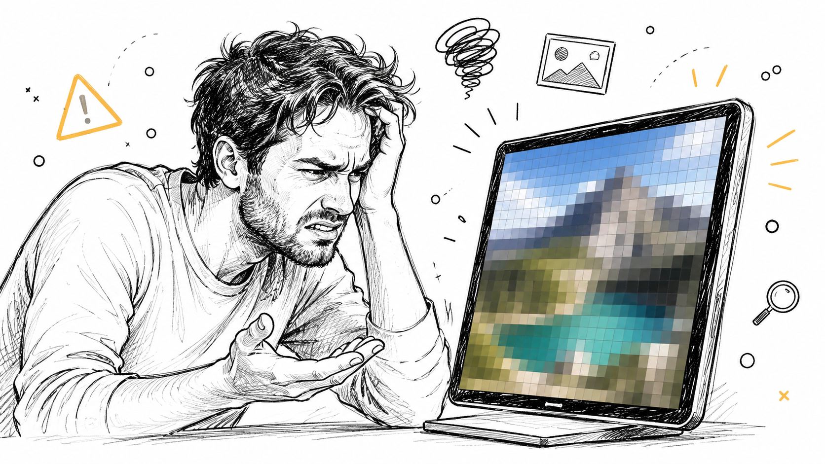 A frustrated man looking at a tablet screen displaying a low-resolution, heavily pixelated image of a landscape.