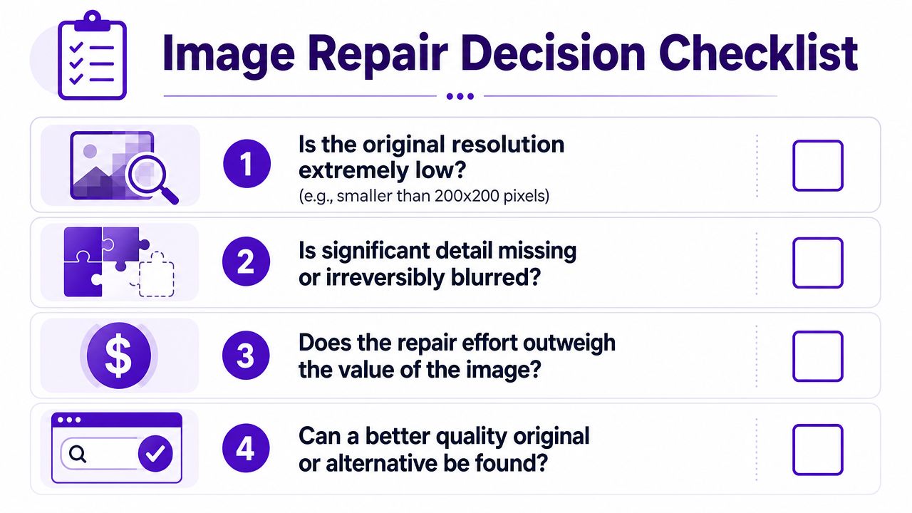A checklist infographic titled Image Repair Decision Checklist, featuring four numbered criteria for evaluating image restoration needs.