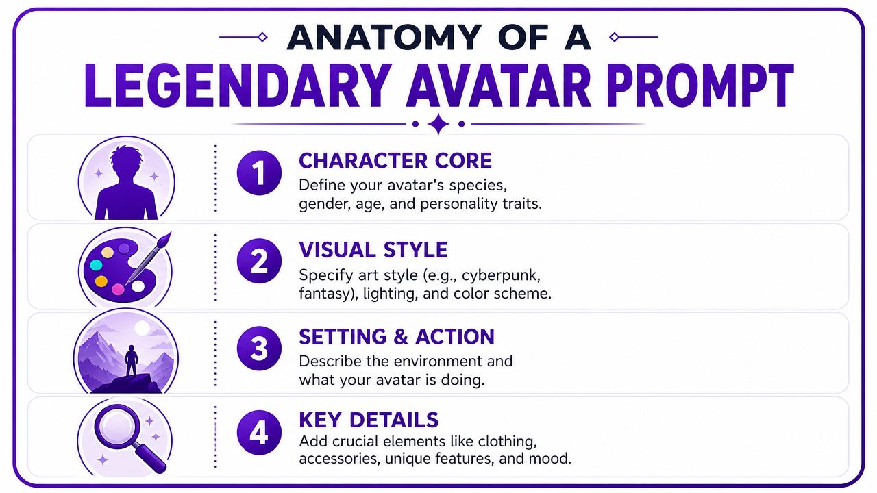 An infographic titled Anatomy of a Legendary Avatar Prompt outlining four key steps for creating digital avatars.