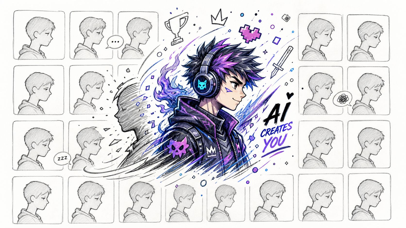 A digital illustration of a stylized gaming avatar character surrounded by pencil sketches of a boy.