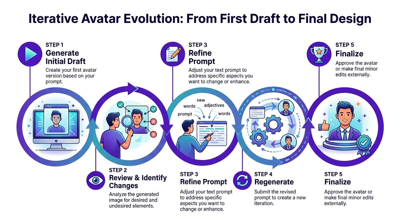 An infographic illustrating a five-step process for iteratively creating and refining a professional digital avatar.