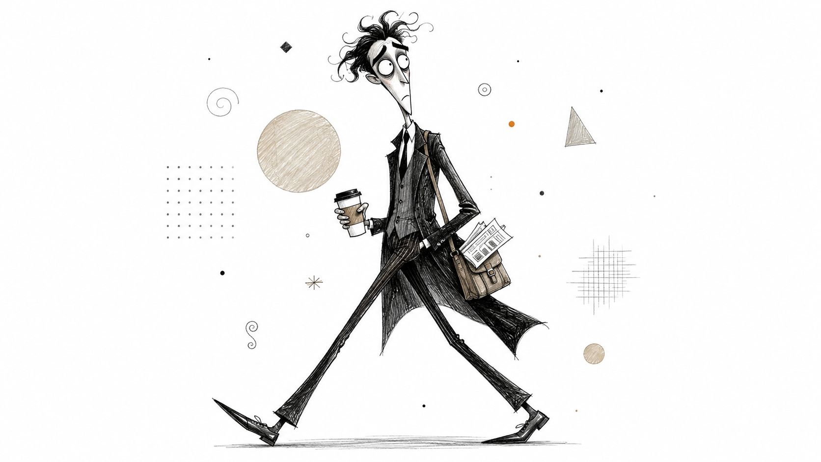A Tim Burton style illustration of a tall, thin man in a suit walking with coffee.