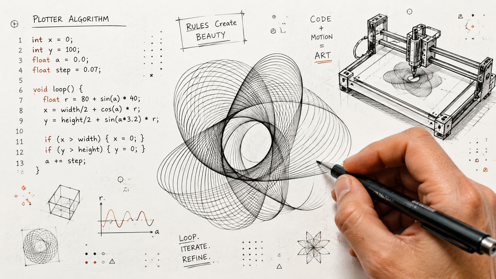 A hand drawing a complex geometric pattern with a plotter machine and code shown on paper.