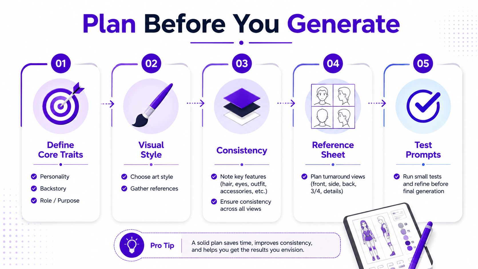 A five-step infographic guide explaining the planning process for creating consistent AI character concept art.