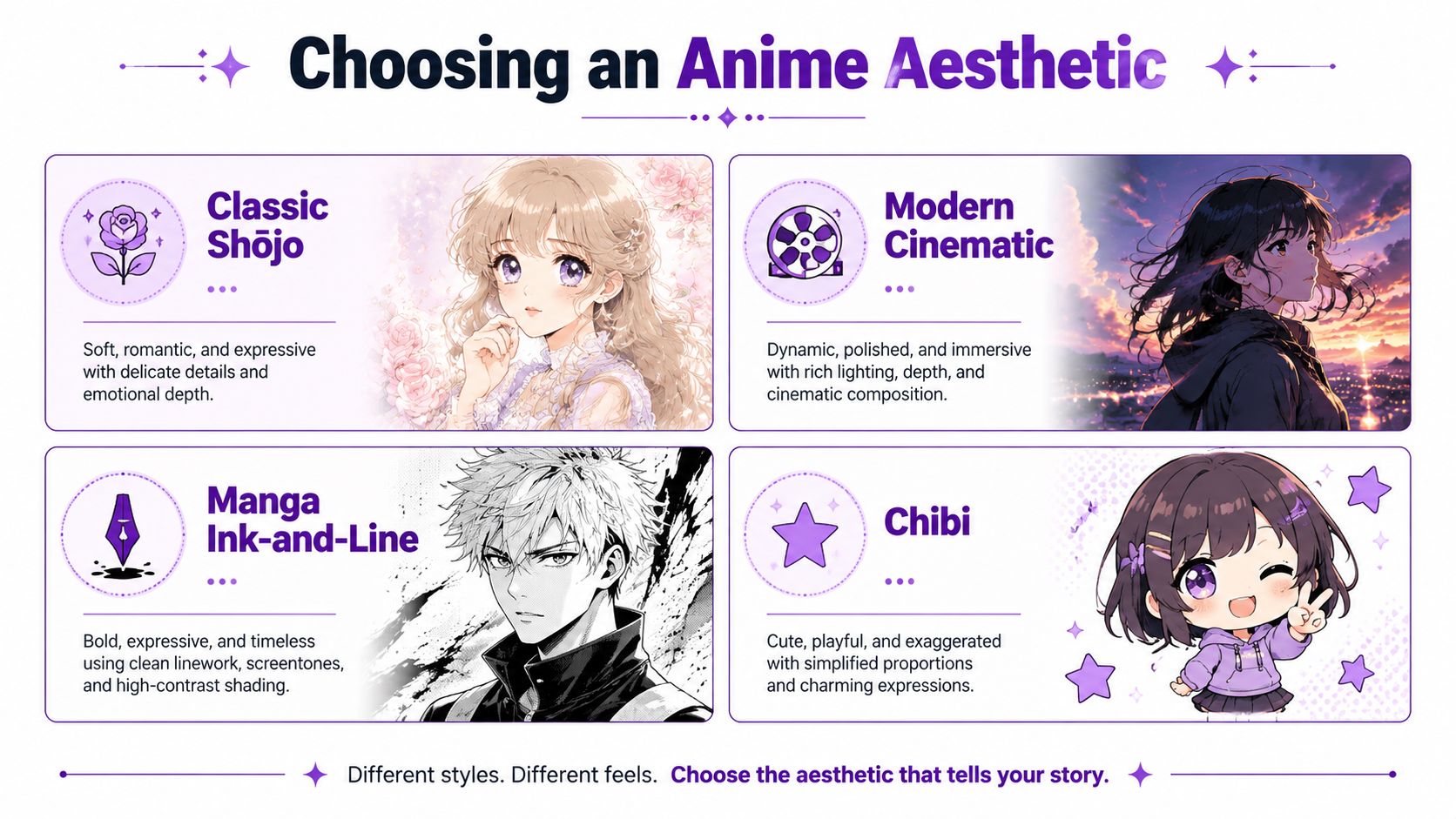 A guide displaying four different anime illustration styles: Classic Shojo, Modern Cinematic, Manga Ink-and-Line, and Chibi.