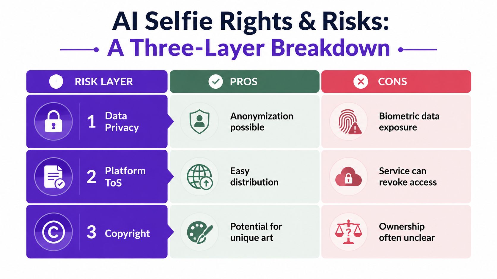 A chart illustrating a three-layer breakdown of AI selfie risks regarding data privacy, platform terms, and copyright.