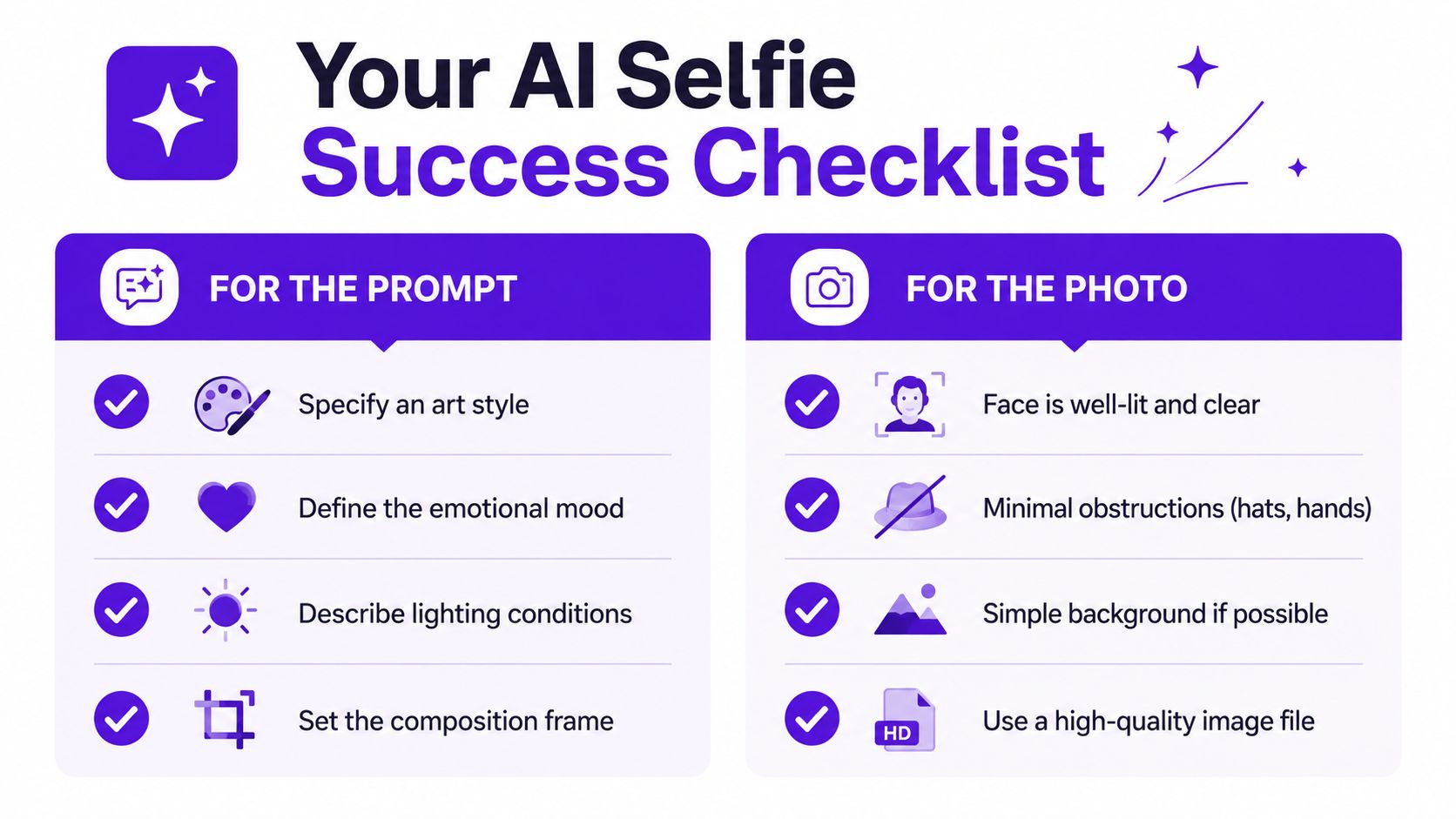 An infographic checklist guiding users on how to create the best AI selfies for image generators.