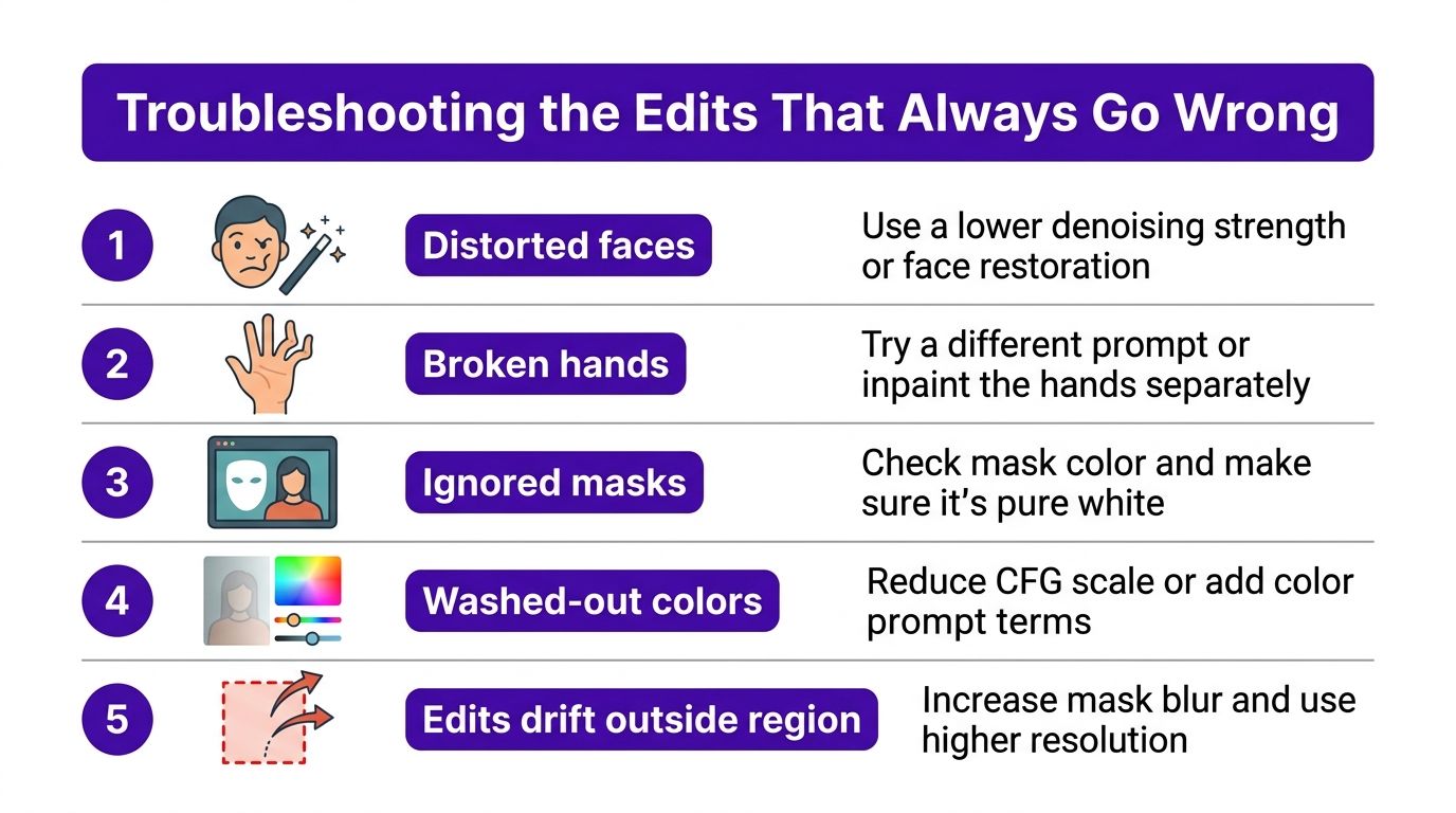 A five-point chart troubleshooting guide for common stable diffusion image editing problems like distorted faces and broken hands.