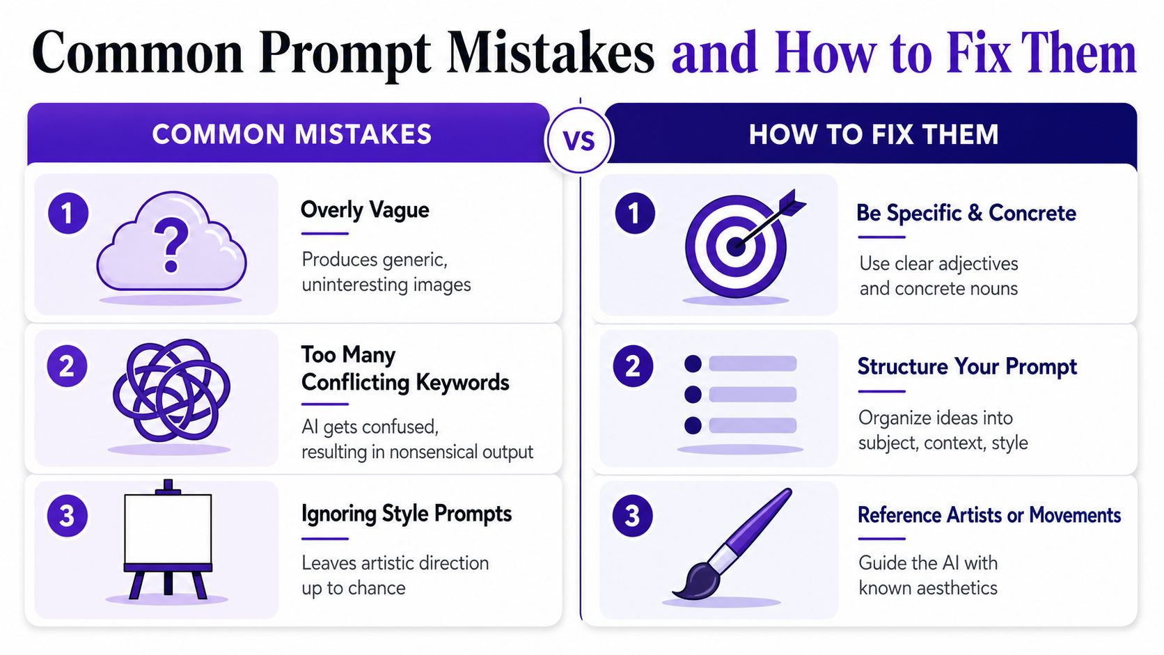 A comparison chart showing common mistakes in writing AI image prompts versus effective fixing strategies.