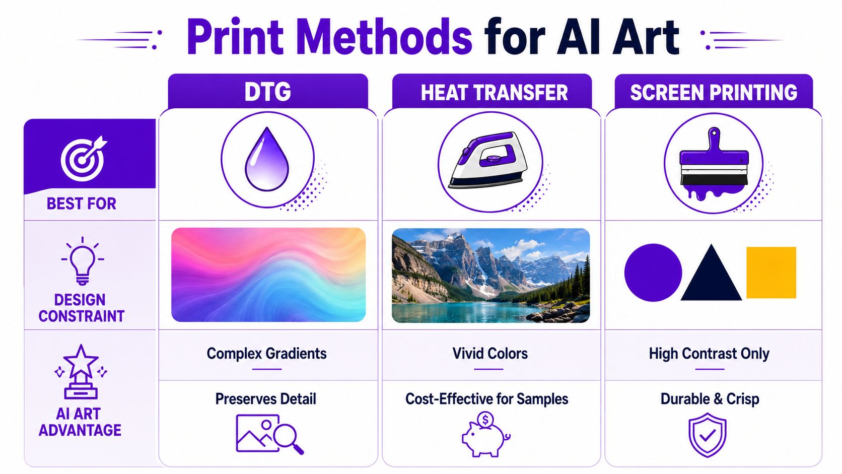 A comparative chart showing the advantages and constraints of DTG, heat transfer, and screen printing for AI art.