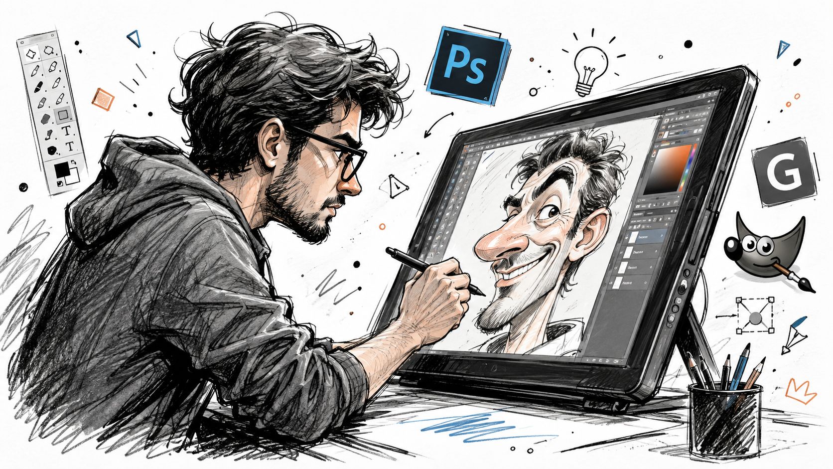 A digital artist drawing a caricature portrait of a man on a tablet screen with design software.