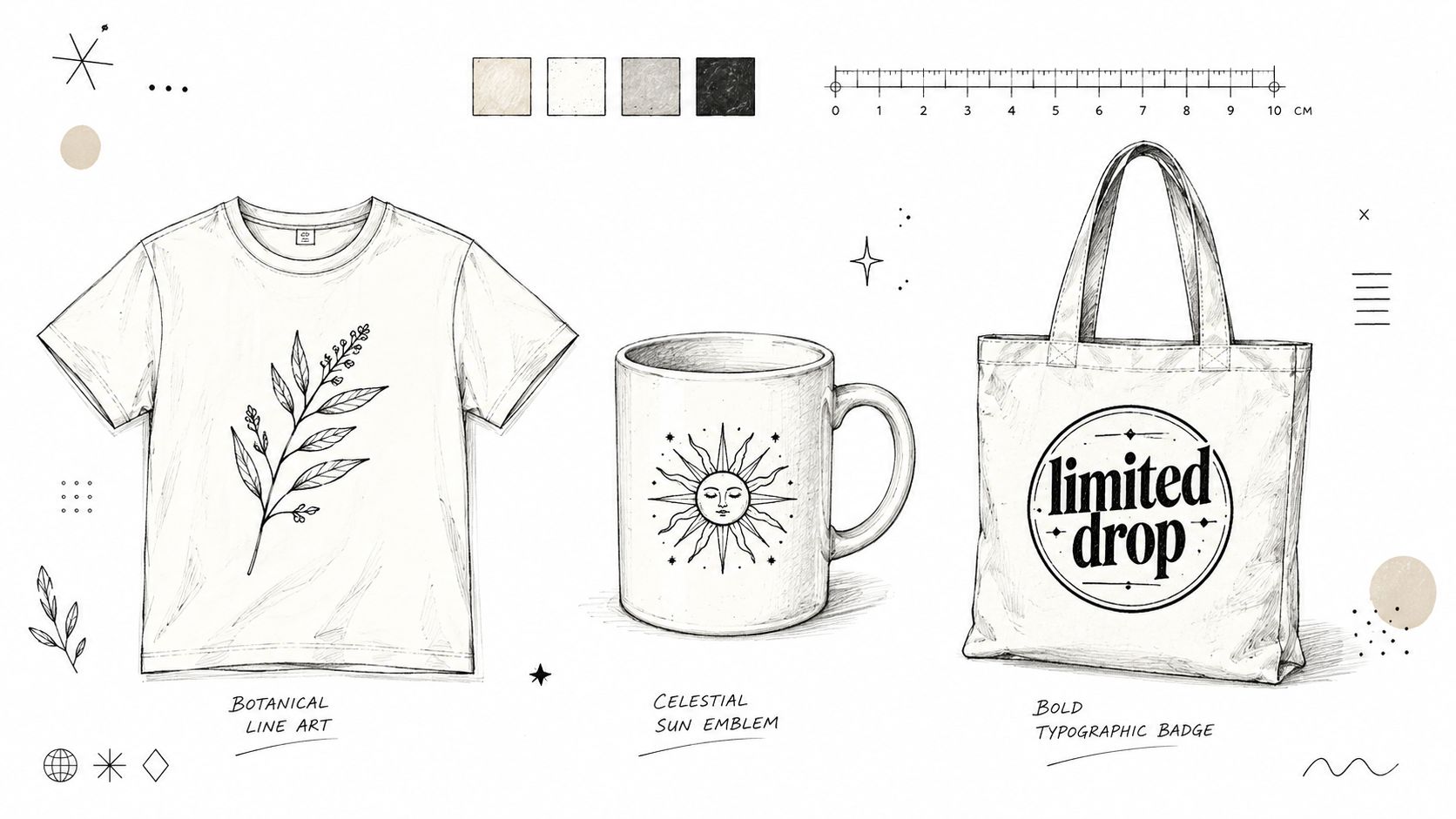 A digital design sheet showcasing graphic templates for a t-shirt, mug, and tote bag featuring hand-drawn style illustrations.