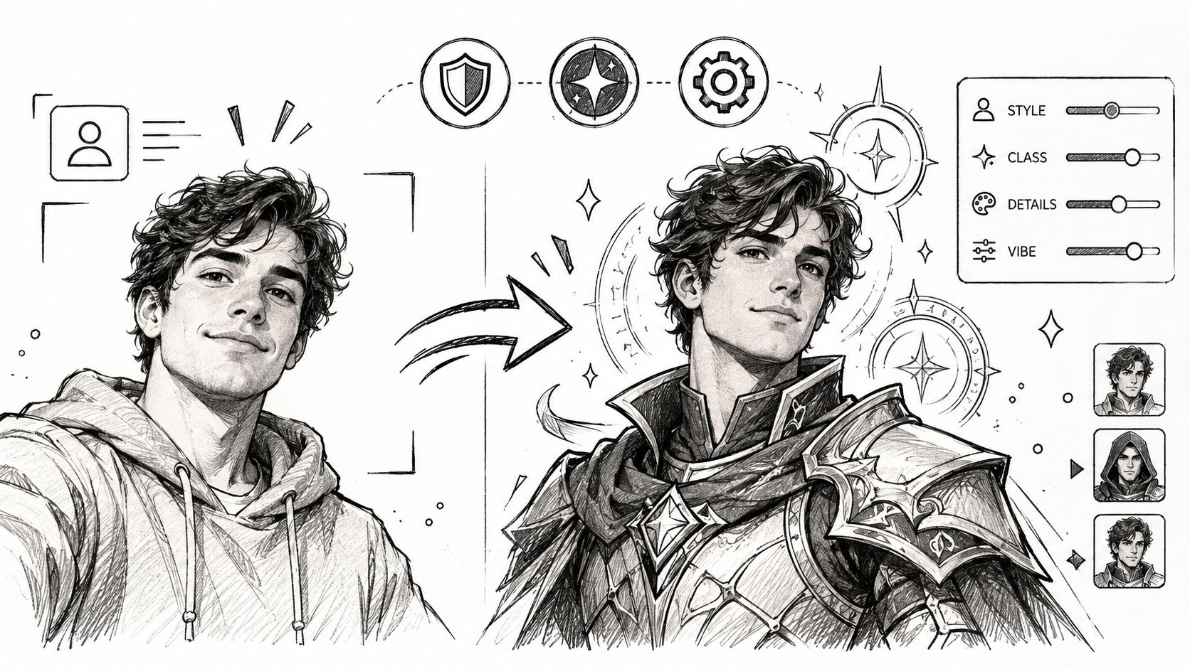 A digital sketch showing a portrait transitioning from a casual hoodie wearer into a fantasy armored knight.