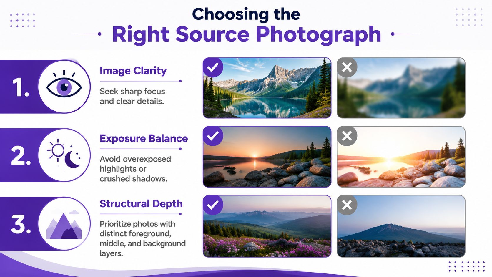 A visual guide explaining how to choose the right source photograph for creating art with clear examples.