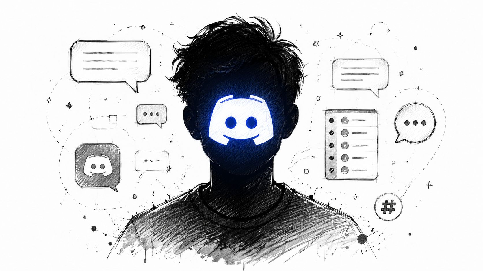 A sketched illustration of a person with a glowing Discord logo replacing their face, surrounded by chat bubbles.
