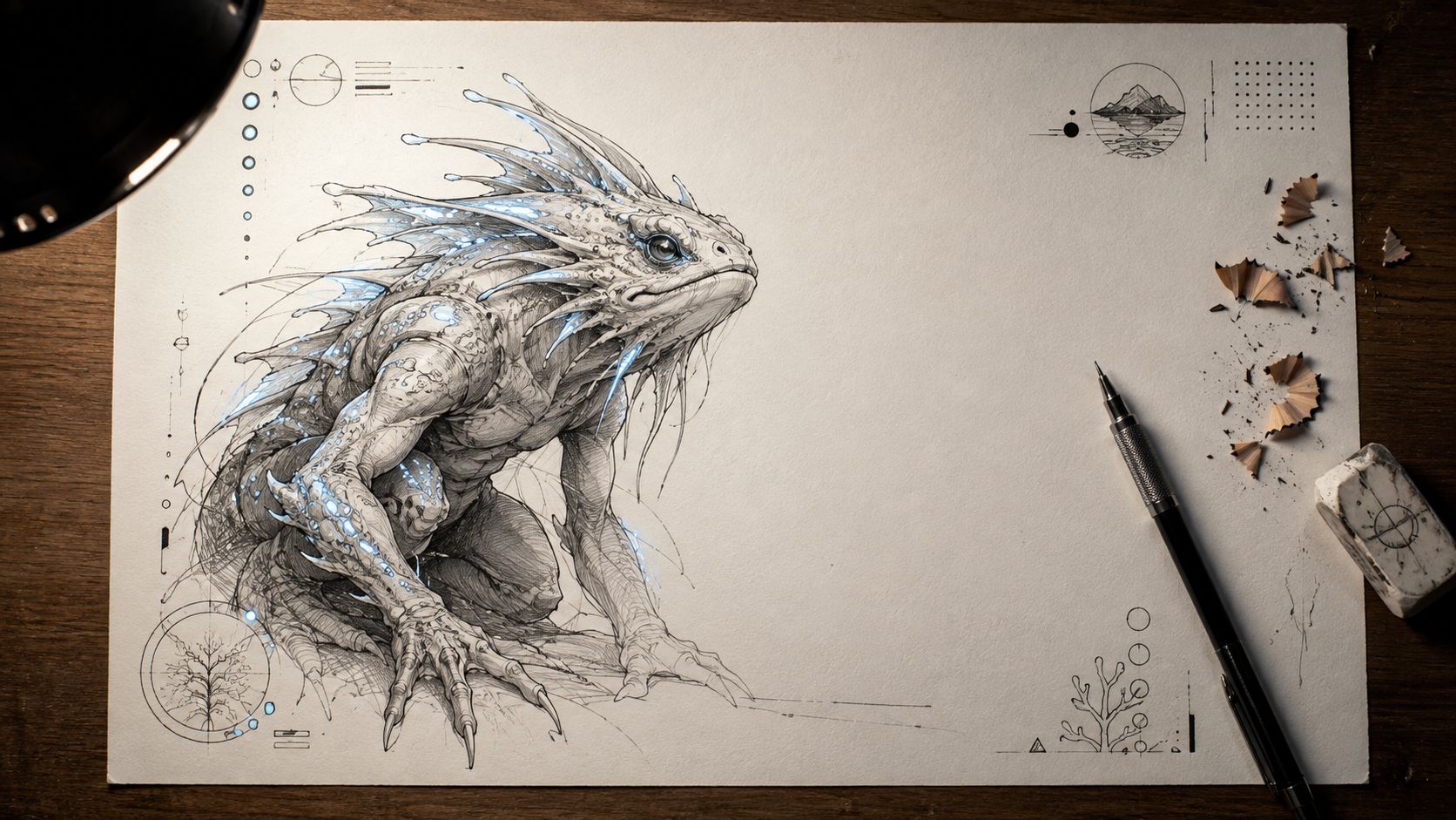 A detailed pencil sketch of a fictional aquatic reptilian creature on paper with a pencil and eraser.