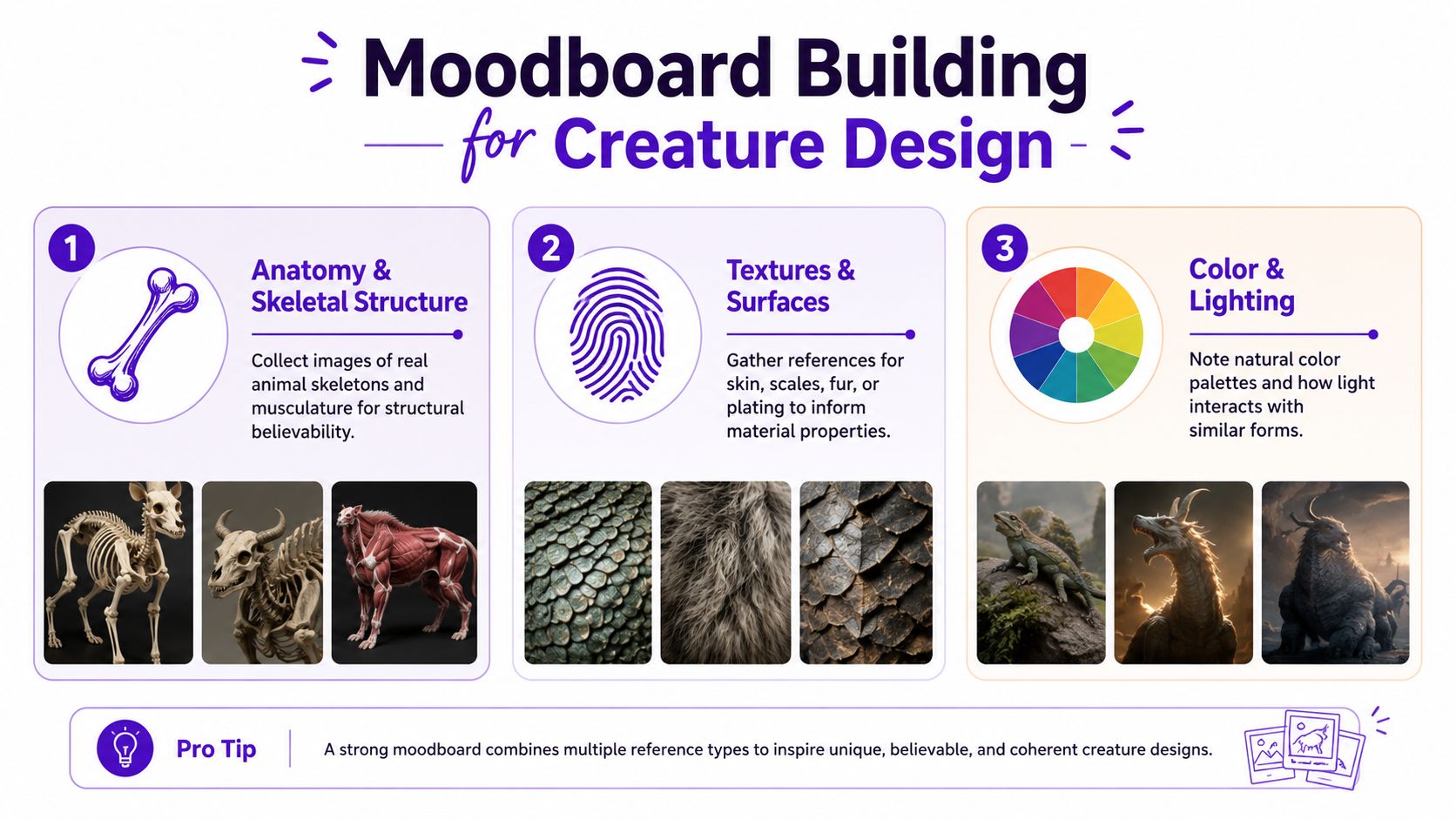 An infographic titled Moodboard Building for Creature Design showing steps for anatomical, textural, and lighting references.