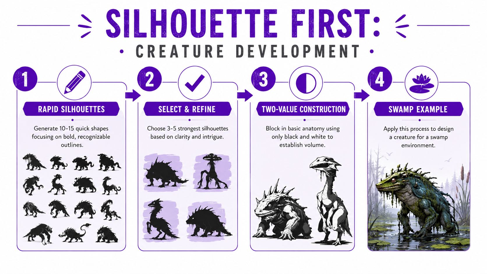 A four-step infographic illustrating the professional workflow for developing creature concept art using silhouettes and value studies.