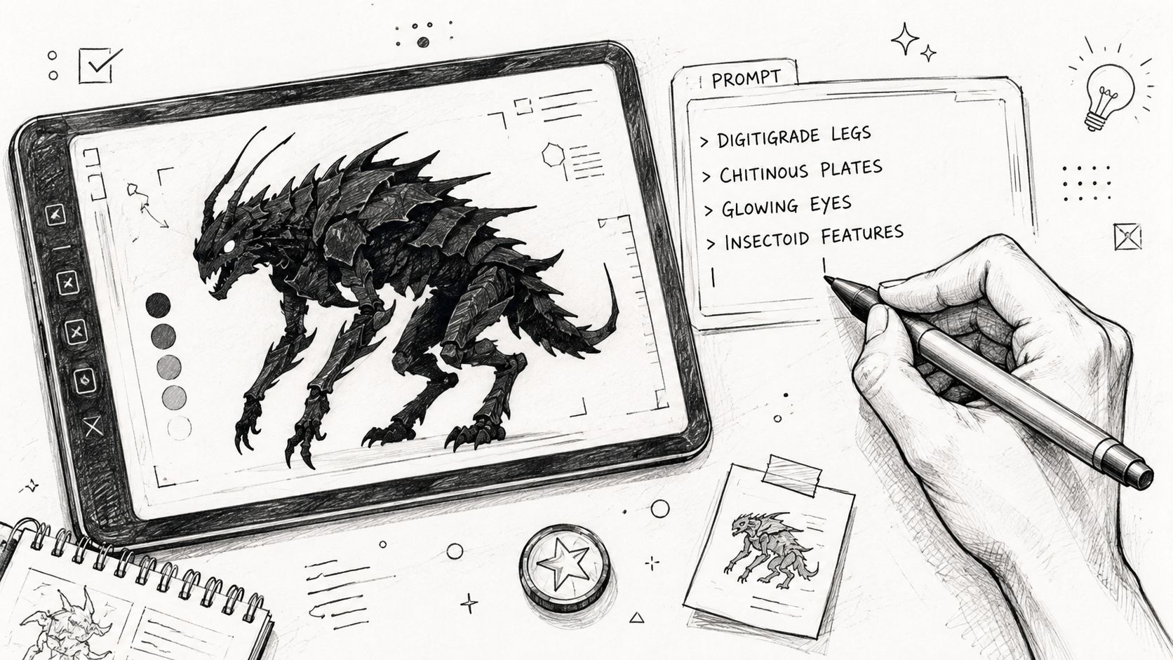 A digital artist drawing a chitinous, insectoid creature concept on a tablet with a stylus.