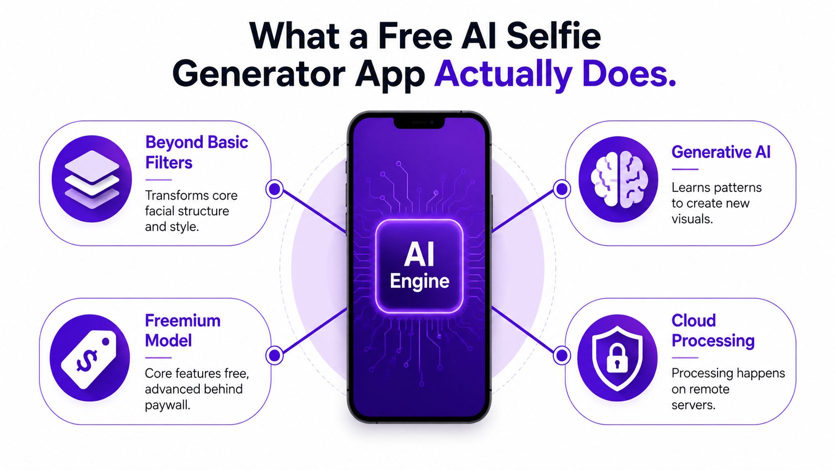 A diagram explaining how a free AI selfie generator app works, including its engine, filters, and processing.