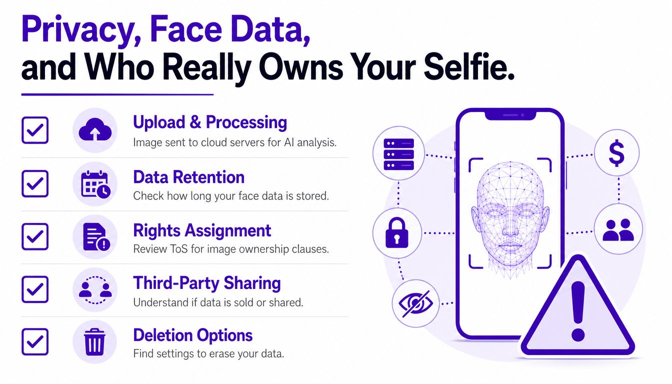 An infographic detailing five key privacy concerns regarding facial data and usage in AI selfie apps.