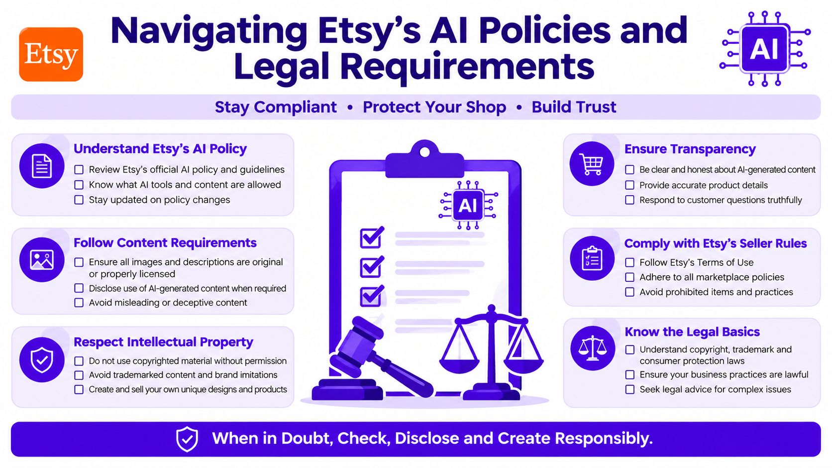 An infographic titled Navigating Etsy AI Policies providing guidelines for shop owners on using artificial intelligence responsibly.