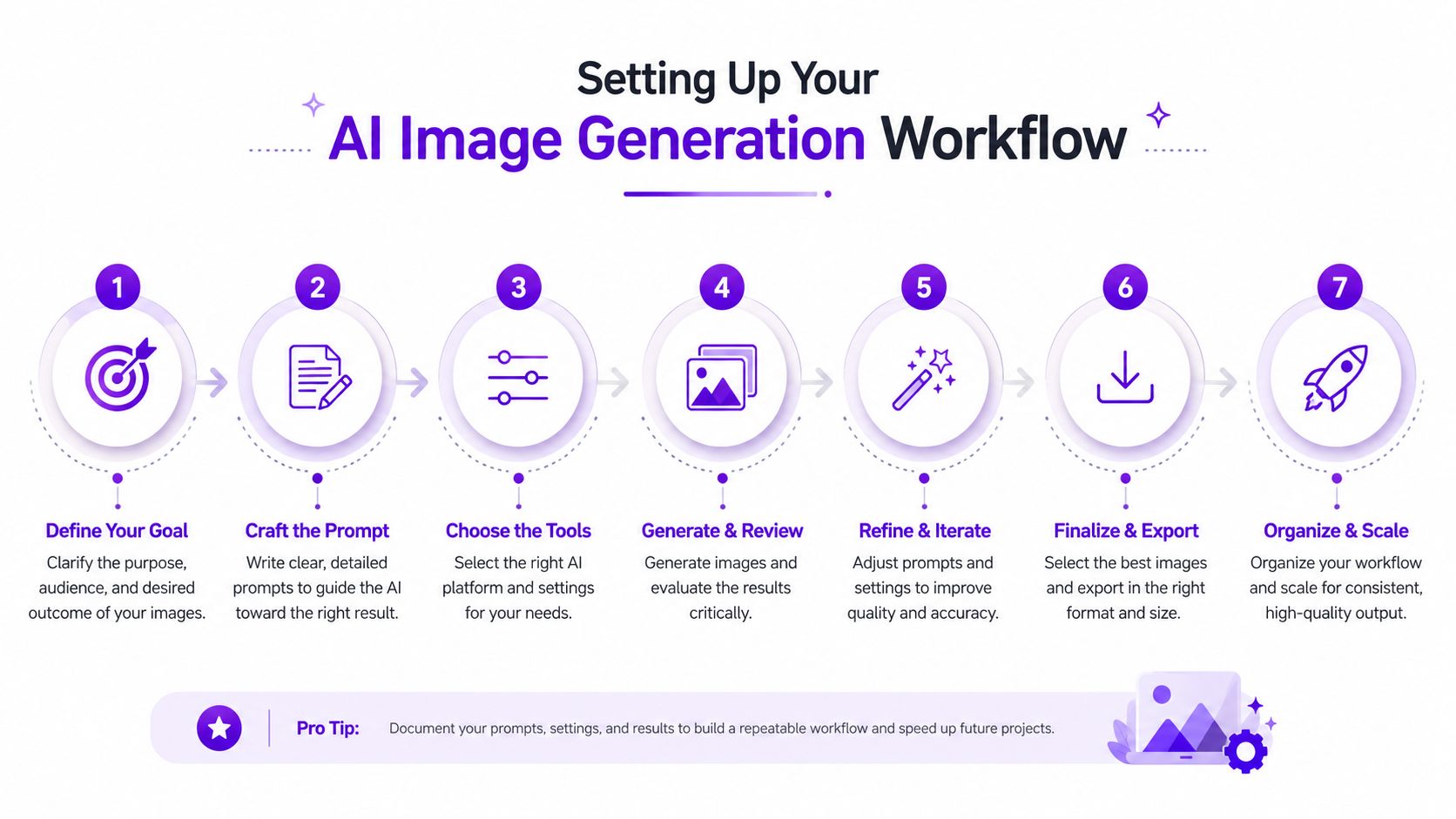 A seven-step flowchart illustrating the process for creating a professional AI image generation workflow.