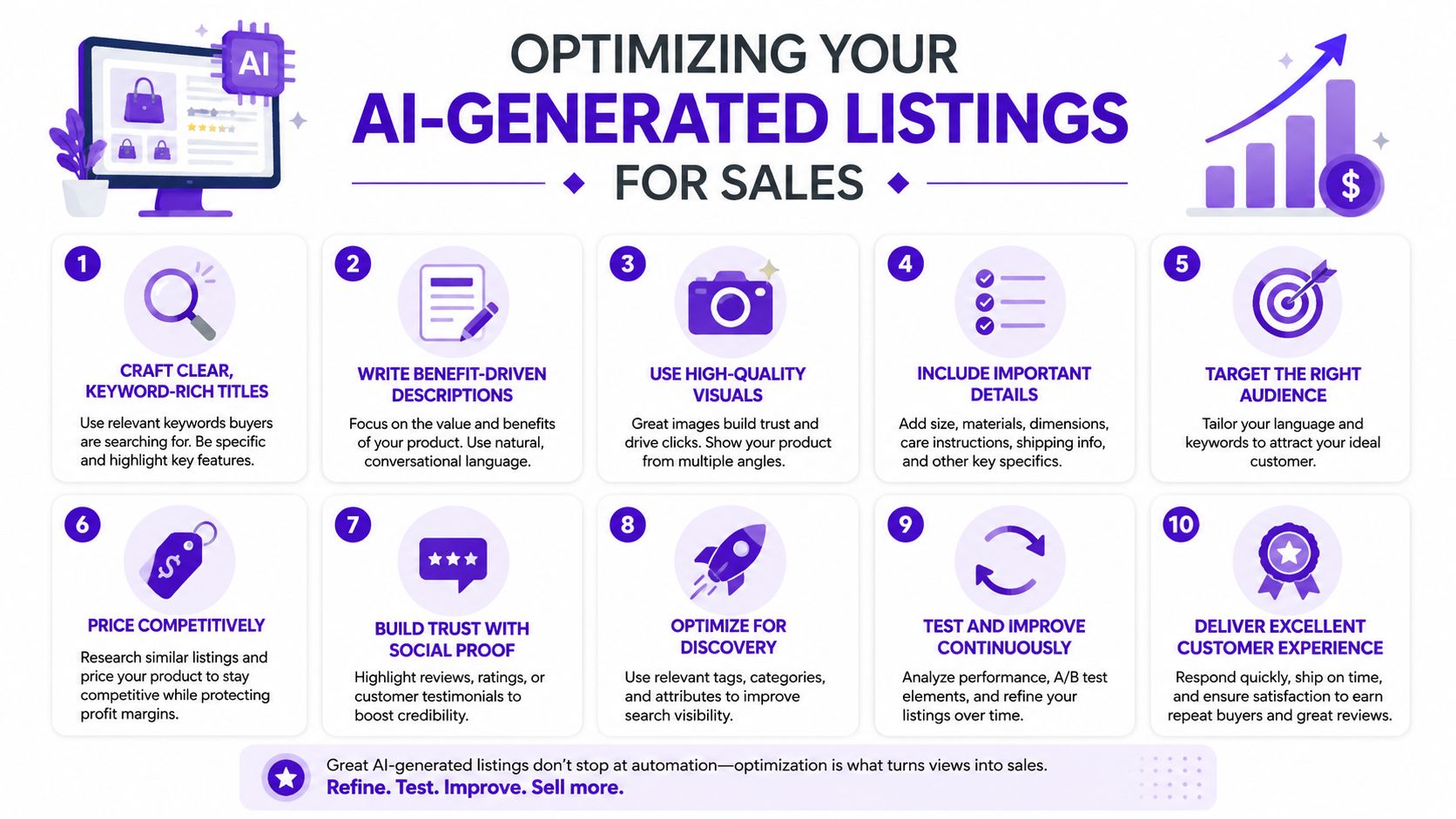 An infographic titled Optimizing Your AI-Generated Listings for Sales featuring ten numbered tips for e-commerce success.