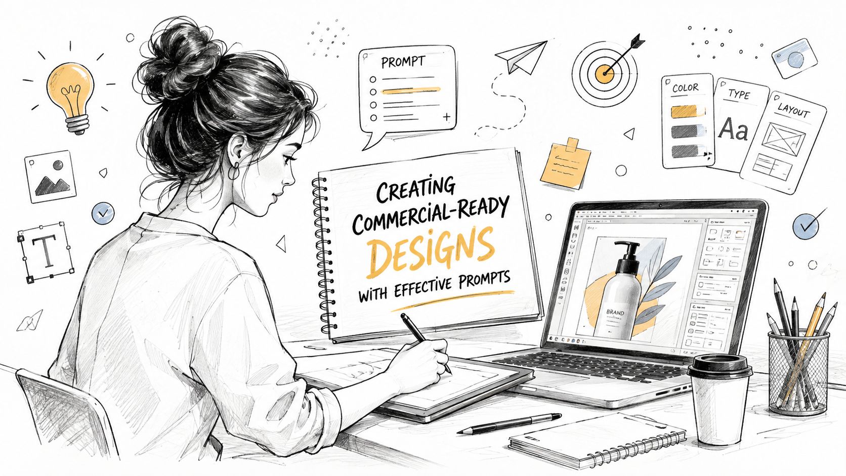 A creative professional sketching designs for commercial products while using a laptop to create digital art.