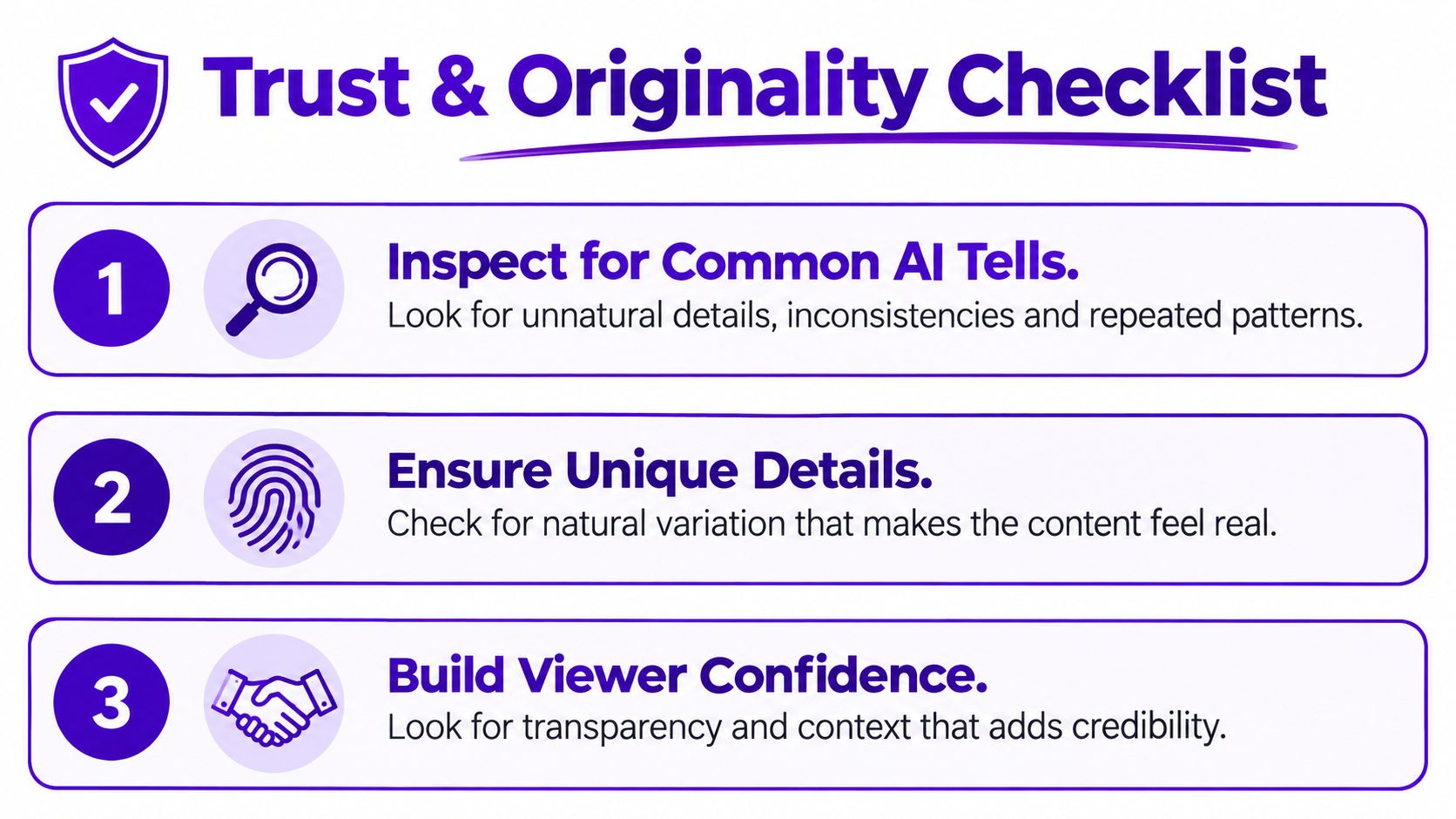 A checklist infographic titled Trust and Originality listing three steps to identify authentic content versus AI.