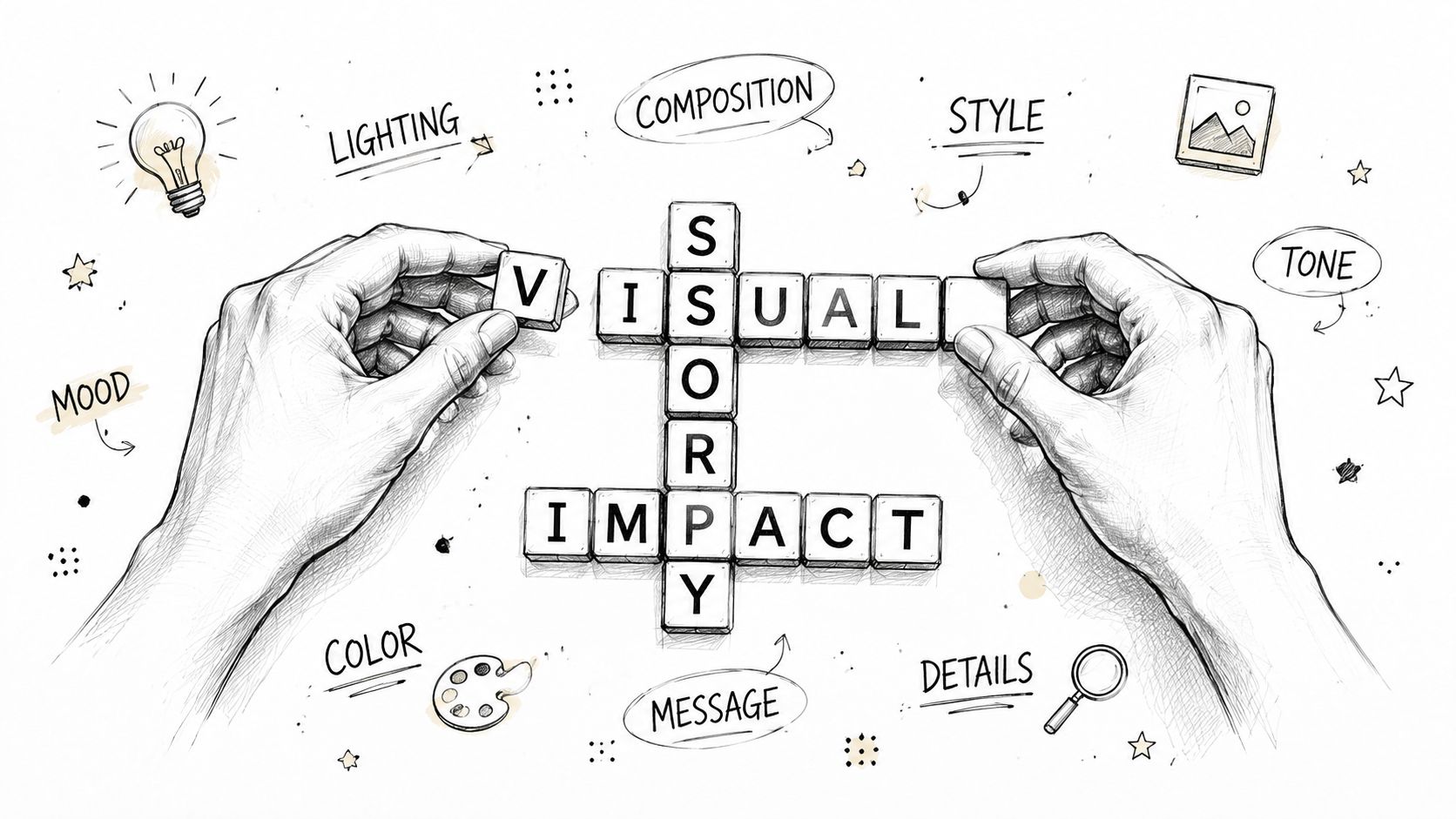 A hand-drawn sketch illustration of hands arranging wooden letter tiles spelling visual impact surrounded by artistic concepts.